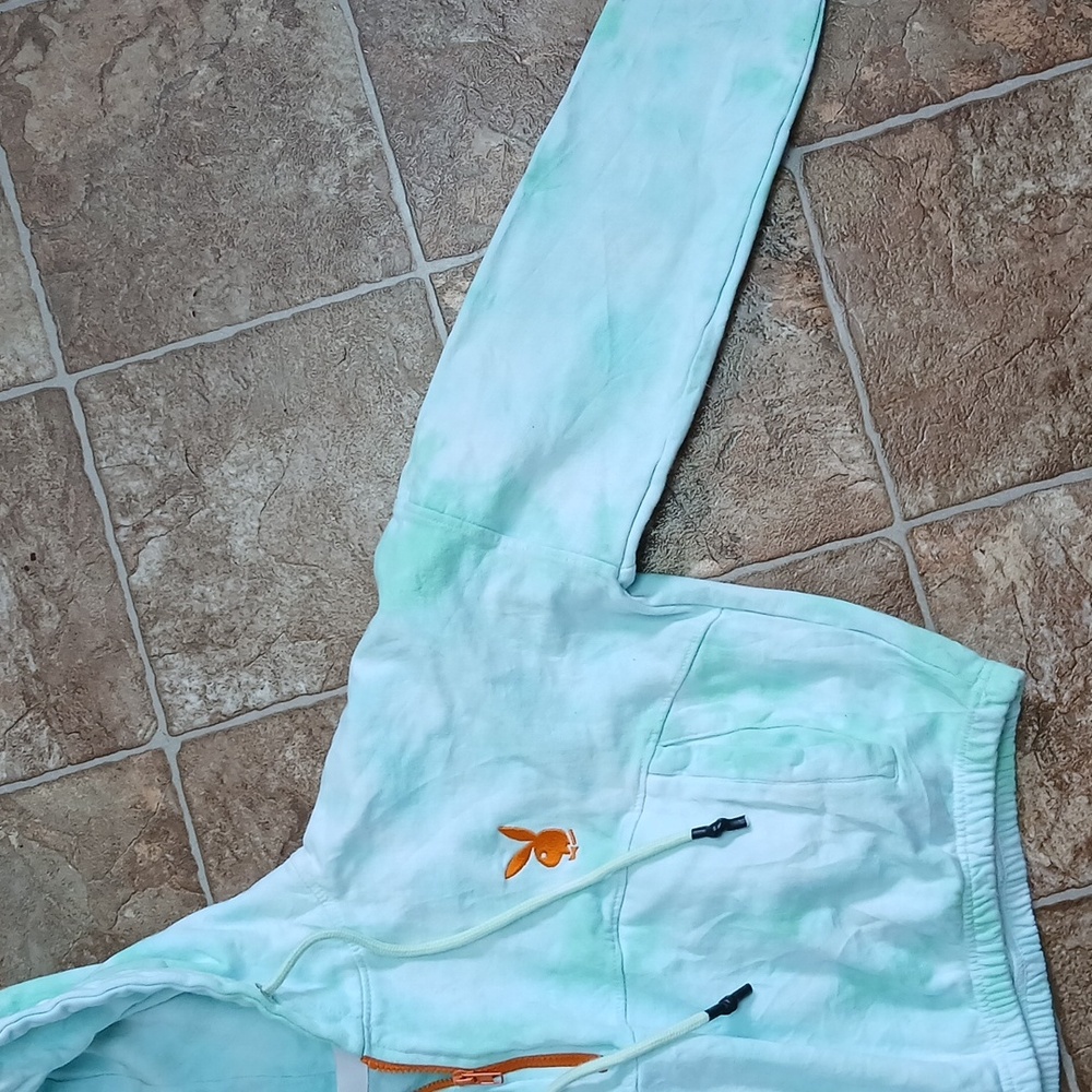 GUC Playboy Miss guided green tie dye white crop top hoodie 1/4 zip - Picture 4 of 6